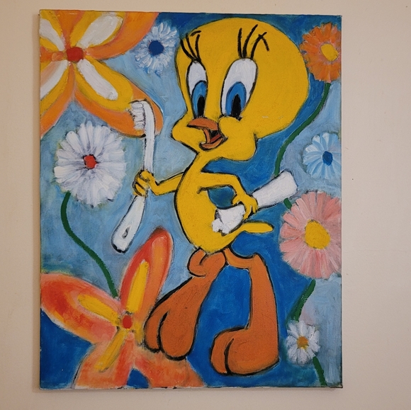 Retro Tweety Bird Canvas Oil Painting - Bathroom Decor 20in x 16in - Picture 2 of 10